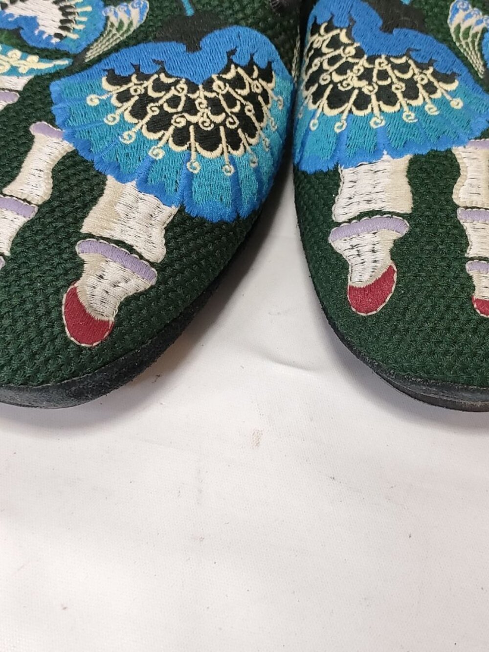 Loewe Embroidered Bone Crane Loafers Size 38 Green Velvet Luxury Flats - Picture 2 of 6